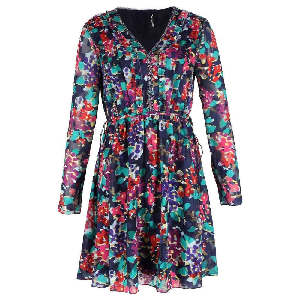 Jason Wu Navy Multicolor Floral Print Long Sleeve V-Neck Chiffon Mini Dress S
